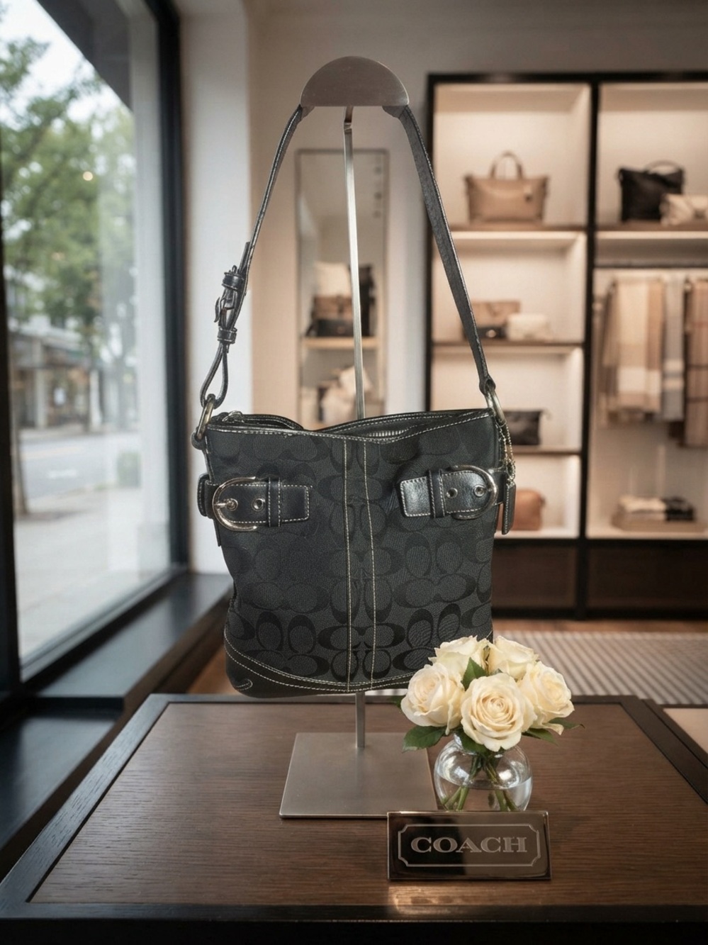 Coach Black Signature Canvas Shoulder Bag with Dark Leather Trim